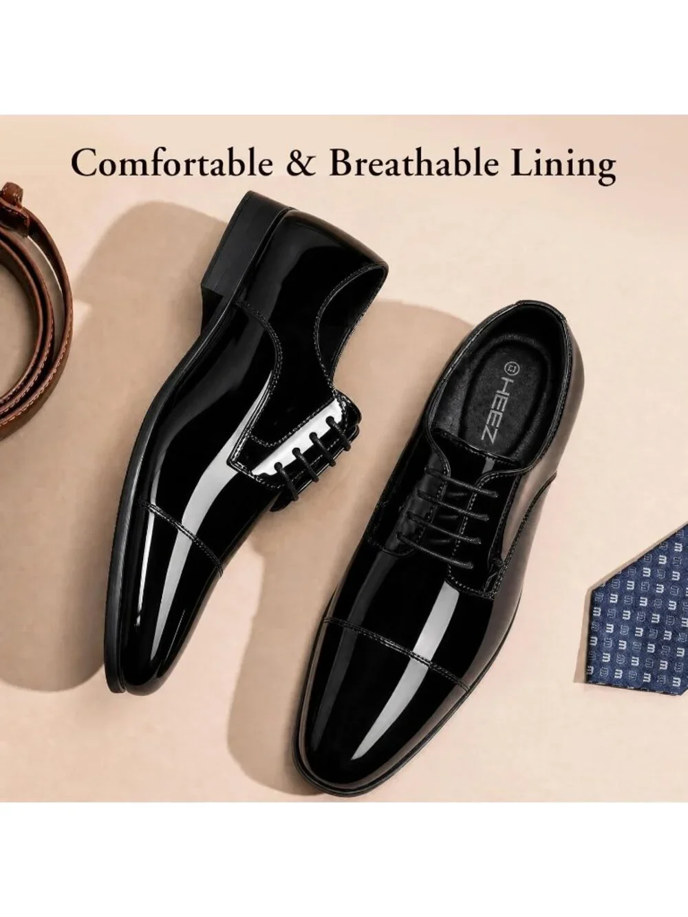 Men Black Patent Leather Shiny Cap Toe Formal Wedding Derby Oxford Tuxedo Shoes